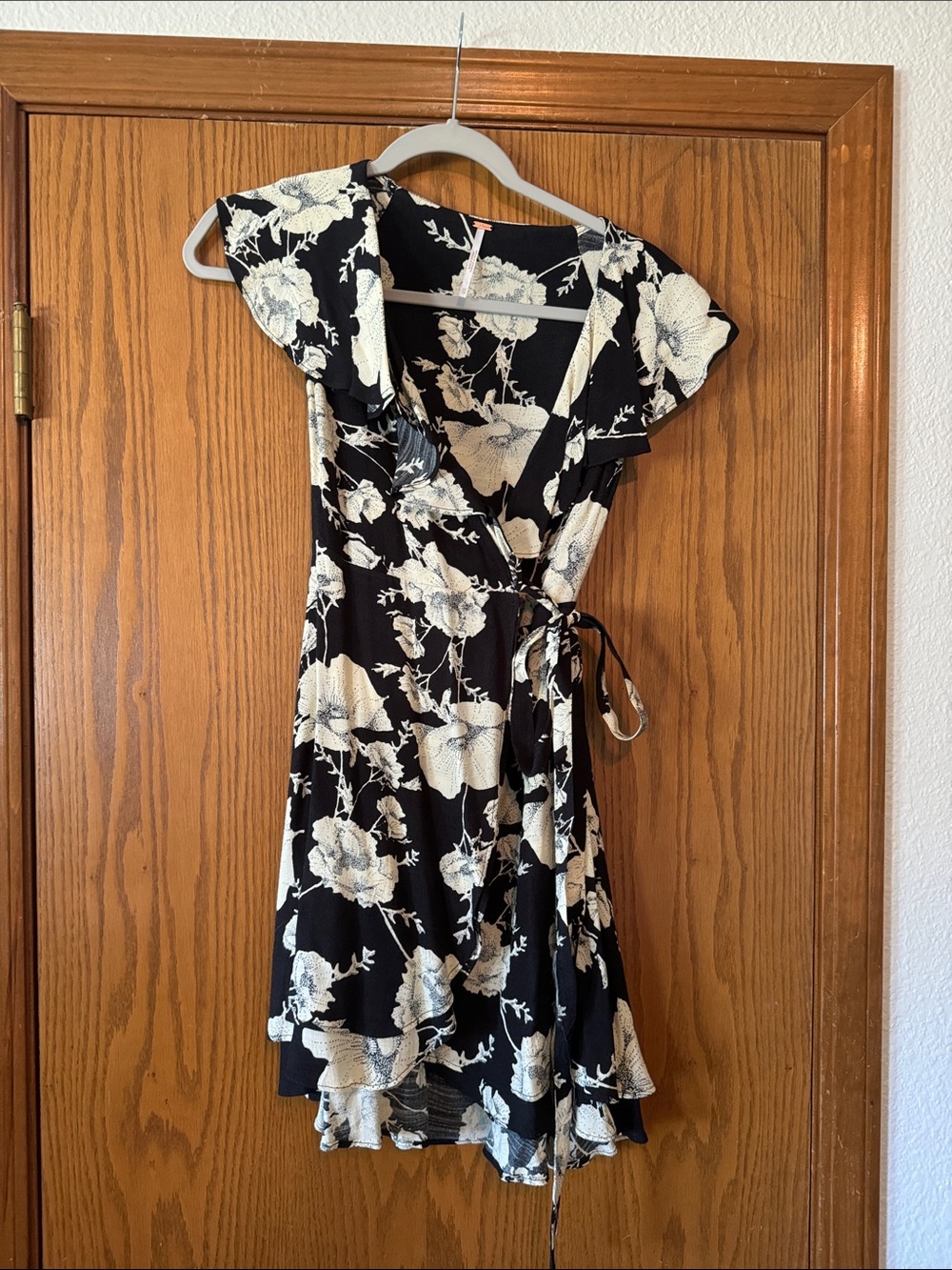 Free People Black & Cream Floral Wrap Mini Dress